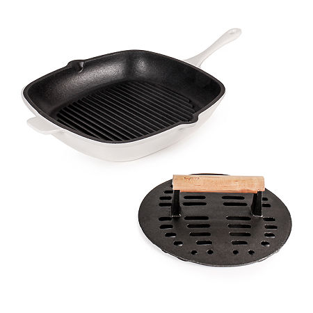 BergHOFF Neo Cast Iron Grill Pan And Slotted Steak Press Set, One Size, White