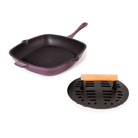 BergHOFF Neo Cast Iron Grill Pan And Slotted Steak Press Set, One Size, Purple