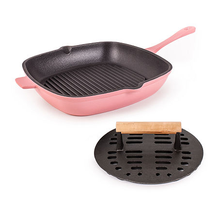 BergHOFF Neo Cast Iron Grill Pan And Slotted Steak Press Set, One Size, Pink