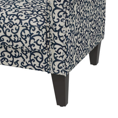 Jean Traditional Rolled Arm Accent Chair with Pewter Nailheads Curly Vine Pattern