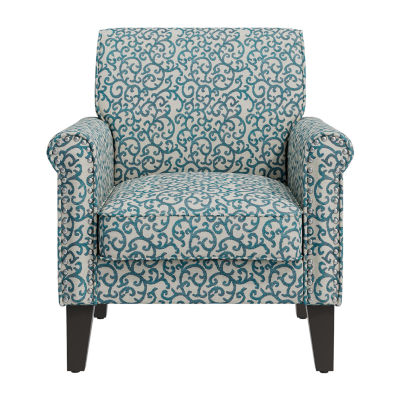 Jean Traditional Rolled Arm Accent Chair with Pewter Nailheads in Curly Vine Pattern