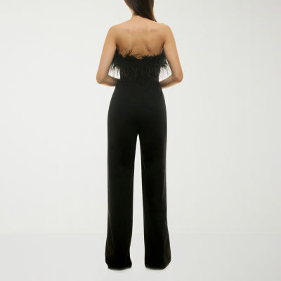 Premier Amour Faux Feather Trim Womens Sleeveless Jumpsuit