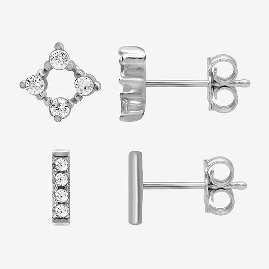 Itsy Bitsy Sterling Silver 2 Pair Cubic Zirconia Diamond Earring Set