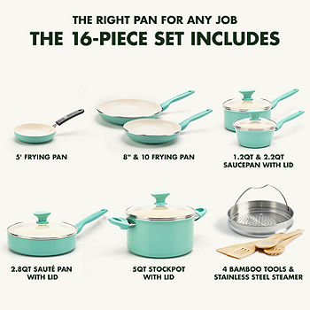 greenlife soft grip 16pc ceramic nonstick cookware set, turquoise 