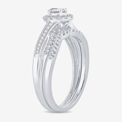 Womens 1/2 CT. T.W. Natural White Diamond 10K Gold Oval Side Stone Halo Bridal Set