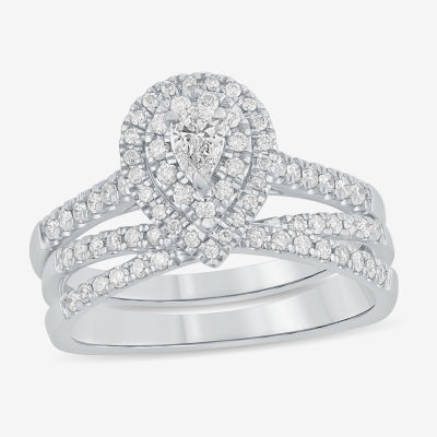 Womens 5/8 CT. T.W. Natural White Diamond 10K White Gold Pear Side Stone Halo Bridal Set
