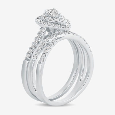 Womens 5/8 CT. T.W. Natural White Diamond 10K White Gold Pear Side Stone Halo Bridal Set