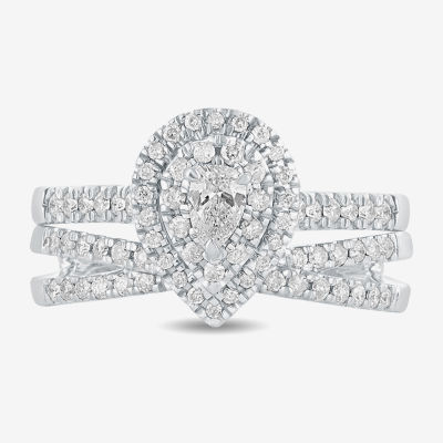 Womens 5/8 CT. T.W. Natural White Diamond 10K White Gold Pear Side Stone Halo Bridal Set