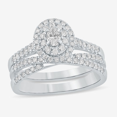 Womens /8 CT. T.W. Natural White Diamond 10K Gold Oval Side Stone Halo Bridal Set