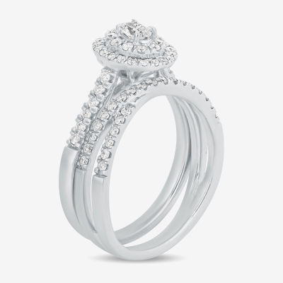 Womens /8 CT. T.W. Natural White Diamond 10K Gold Oval Side Stone Halo Bridal Set