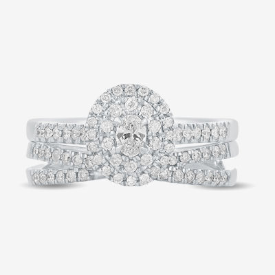 Womens /8 CT. T.W. Natural White Diamond 10K Gold Oval Side Stone Halo Bridal Set