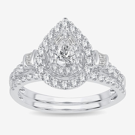 Womens 1 CT. T.W. Natural White Diamond 10K White Gold Pear Side Stone Halo Bridal Set, 6, White
