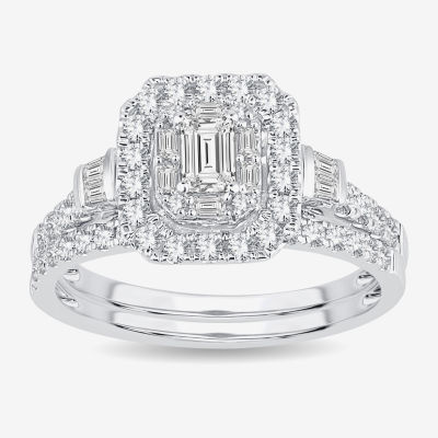 Womens 1 CT. T.W. Natural White Diamond 10K White Gold Side Stone Halo Bridal Set