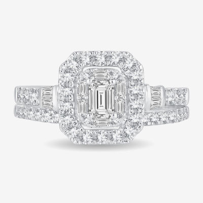 Womens 1 CT. T.W. Natural White Diamond 10K White Gold Side Stone Halo Bridal Set