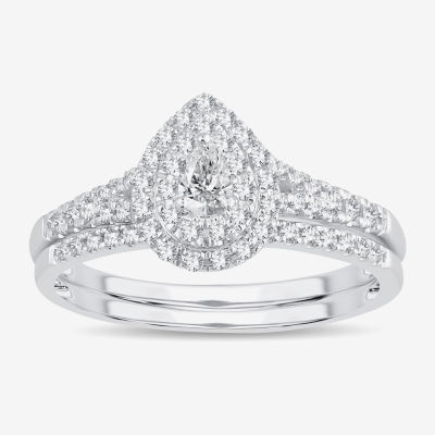Womens 3/8 CT. T.W. Natural White Diamond 10K White Gold Pear Side Stone Halo Bridal Set