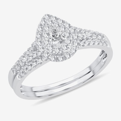 Womens 3/8 CT. T.W. Natural White Diamond 10K White Gold Pear Side Stone Halo Bridal Set