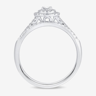 Womens 3/8 CT. T.W. Natural White Diamond 10K White Gold Pear Side Stone Halo Bridal Set