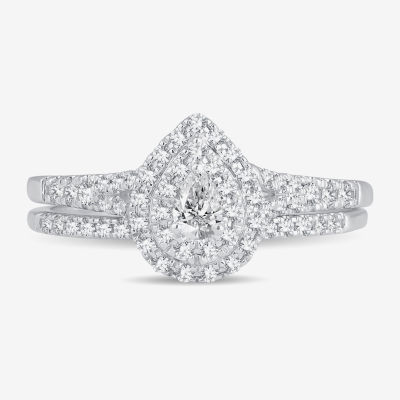 Womens 3/8 CT. T.W. Natural White Diamond 10K White Gold Pear Side Stone Halo Bridal Set