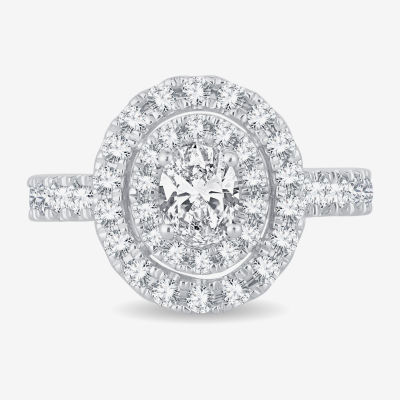 (H-I / Si1-Si2) Womens 1 1/2 CT. T.W. Lab Grown White Diamond 10K White Gold Oval Side Stone Halo Engagement Ring