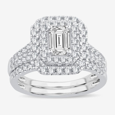 (H-I / Si1-Si2) Womens 1 1/2 CT. T.W. Lab Grown White Diamond 10K White Gold Side Stone Halo Bridal Set