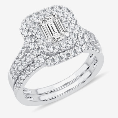 (H-I / Si1-Si2) Womens 1 1/2 CT. T.W. Lab Grown White Diamond 10K White Gold Side Stone Halo Bridal Set