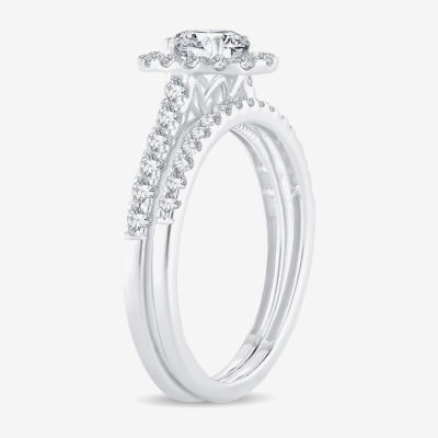 (H-I / Si1-Si2) Womens 1 CT. T.W. Lab Grown White Diamond 10K White Gold Oval Side Stone Halo Bridal Set