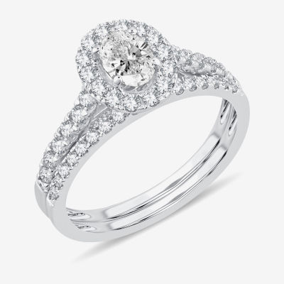 (H-I / Si1-Si2) Womens 1 CT. T.W. Lab Grown White Diamond 10K White Gold Oval Side Stone Halo Bridal Set