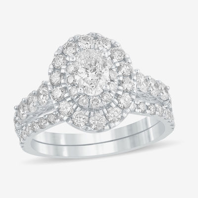 (H-I / Si1-Si2) Womens 2 CT. T.W. Lab Grown White Diamond 10K White Gold Oval Side Stone Halo Bridal Set