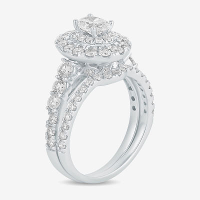 (H-I / Si1-Si2) Womens 2 CT. T.W. Lab Grown White Diamond 10K White Gold Oval Side Stone Halo Bridal Set