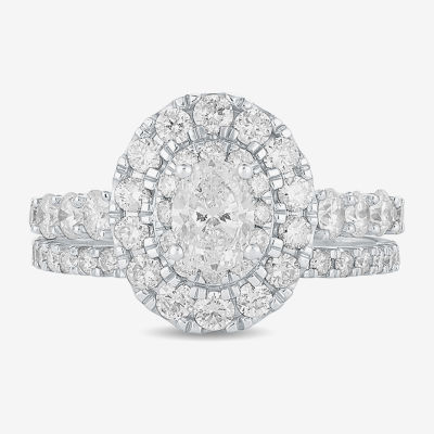 (H-I / Si1-Si2) Womens 2 CT. T.W. Lab Grown White Diamond 10K White Gold Oval Side Stone Halo Bridal Set