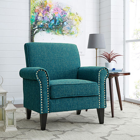 Jean Traditional Rolled Arm Accent Chair With Pewter Nailheads In Tweed, One Size, Blue