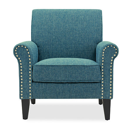 Jean Traditional Rolled Arm Accent Chair With Pewter Nailheads In Tweed, One Size, Blue