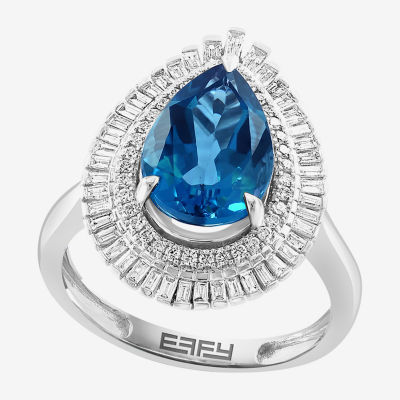 Effy Final Call Womens Genuine Blue Topaz & 1/2 CT. T.W. Diamond 14K White Gold Pear Halo Cocktail Ring