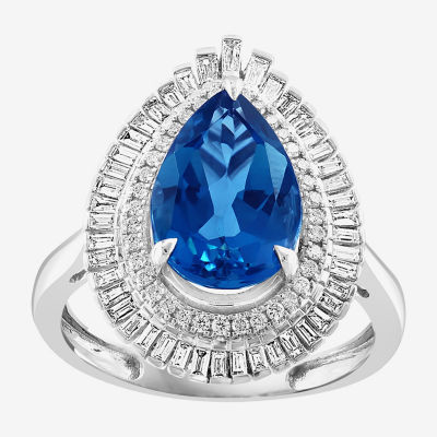 Effy Final Call Womens Genuine Blue Topaz & 1/2 CT. T.W. Diamond 14K White Gold Pear Halo Cocktail Ring