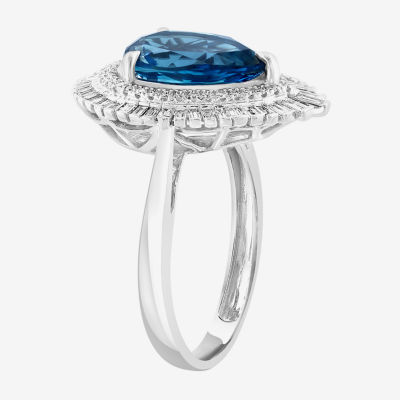 Effy Final Call Womens Genuine Blue Topaz & 1/2 CT. T.W. Diamond 14K White Gold Pear Halo Cocktail Ring