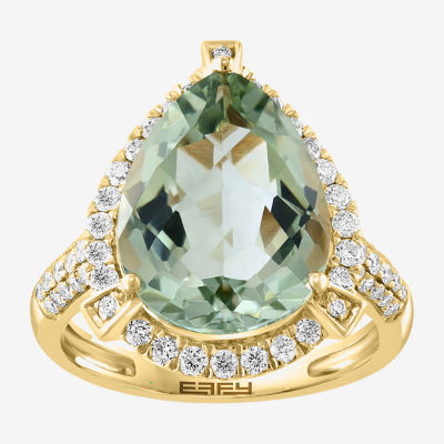 Effy Final Call Womens Genuine Green Amethyst & 5/8 CT. T.W. Mined Diamond 14K Gold Pear Halo Side Stone Cocktail Ring