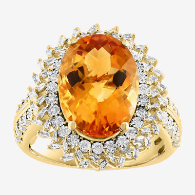 Effy Final Call Womens Genuine Yellow Citrine & 3/8 CT. T.W. Diamond 14K Gold Star Halo Side Stone Cocktail Ring