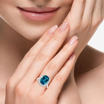 Effy Final Call Womens Genuine Blue Topaz &  1/2 CT. T.W. Diamond 14K White Gold Cushion Halo Cocktail Ring