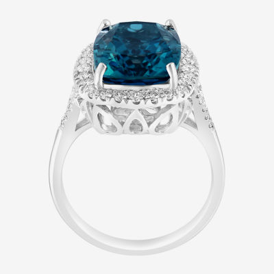 Effy Final Call Womens Genuine Blue Topaz &  1/2 CT. T.W. Diamond 14K White Gold Cushion Halo Cocktail Ring