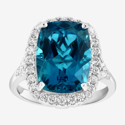 Effy Final Call Womens Genuine Blue Topaz &  1/2 CT. T.W. Diamond 14K White Gold Cushion Halo Cocktail Ring