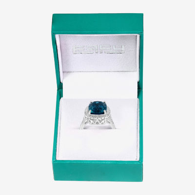 Effy Final Call Womens Genuine Blue Topaz &  1/2 CT. T.W. Diamond 14K White Gold Cushion Halo Cocktail Ring