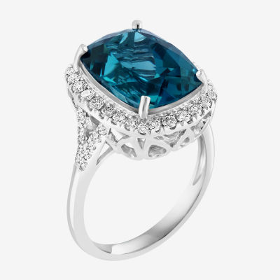 Effy Final Call Womens Genuine Blue Topaz &  1/2 CT. T.W. Diamond 14K White Gold Cushion Halo Cocktail Ring