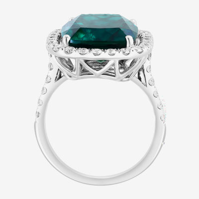 Effy  Womens 1 CT. T.W. Lab Created Green Emerald 14K White Gold Halo Side Stone Cocktail Ring