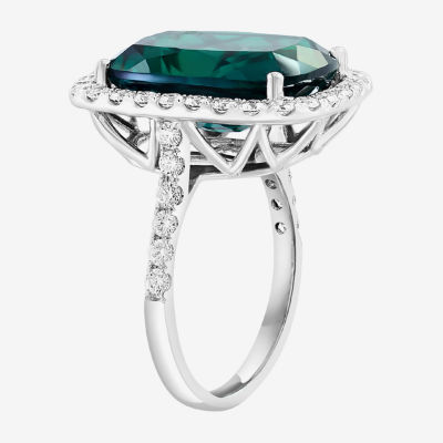 Effy  Womens 1 CT. T.W. Lab Created Green Emerald 14K White Gold Halo Side Stone Cocktail Ring