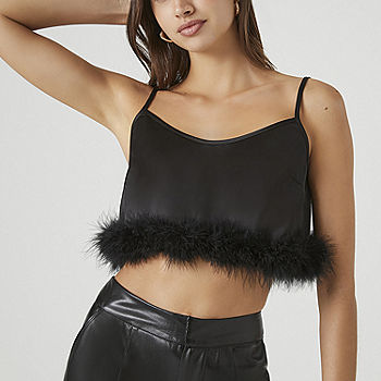 Black Faux Leather Scoop Neck Cropped Tank Top