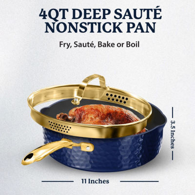 Granitestone Charleston Collection Hammered 4-qt. Non-Stick Deep Satue Pan with Lid
