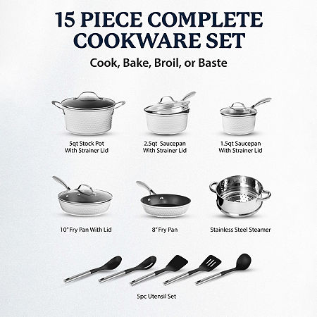 Granitestone Charleston Collection Hammered 15-pc. Non-Stick Cookware Set, One Size, White