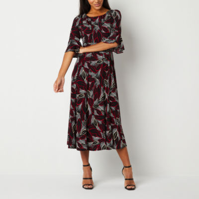 Perceptions Petite 3/4 Sleeve Leaf Midi Fit + Flare Dress