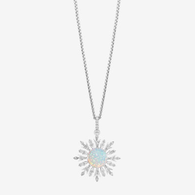 Enchanted Disney Fine Jewelry 10th Anniversary Womens 1/6 CT. T.W. Lab Created White Opal Sterling Silver Snowflake Frozen Elsa Pendant Necklace
