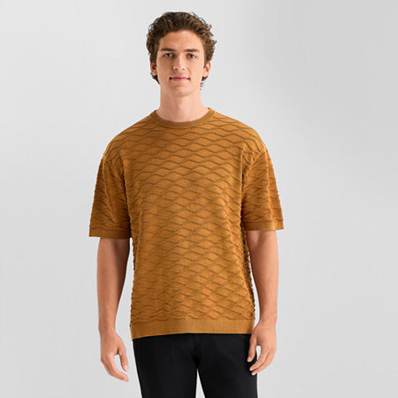 J. Ferrar Textured Mens Crew Neck Short Sleeve Pullover Sweater In Brown